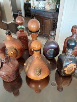 Leather-Wrapped Decorative Decanter Bottle Collection Antique