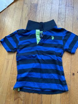 Boys Striped Polo Shirt (Size 5)     Brand: U.S. Polo Assn.    Size: 5 (Boys)    Color: Blue & Black Stripes with Green Accents    Material: 100% Cott