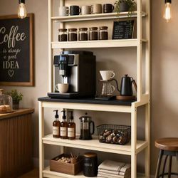 39.37" White and Black Color 5 Tier Bakers Rack for Kitchen with Storage, Coffee Bar, Kitchen Shelves, Microwave Stand