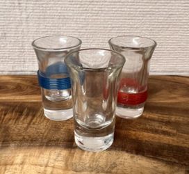 Vintage Tsing Tao MCM Banded (Celluloid) Shot Glass Set of 3 Multi Color