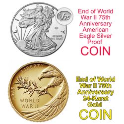 2020 End of of World War 2 75th Anniversary Sliver Eagle Proof v75 privy + 24 karat Gold Coin