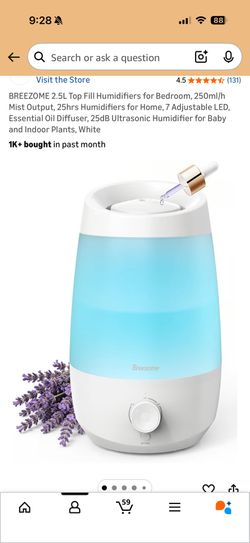 2.5L Top Fill Humidifiers for Bedroom, 250ml/h Mist Output, 25hrs Humidifiers for Home, 7 Adjustable LED, Essential Oil Diffuser, 25dB Ultrasonic Humi