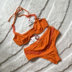 BNWT $250 SOLID & STRIPED Orange Bikini Set Eva Top M Cora Bottom S Clementine