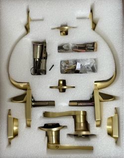 Double Front Door Handleset with Deadbolt - Brushed Gold Classic Entry Handle Set with Dummy, Reversible Lever, Zinc Alloy, Exterior Lock Set, Satin B