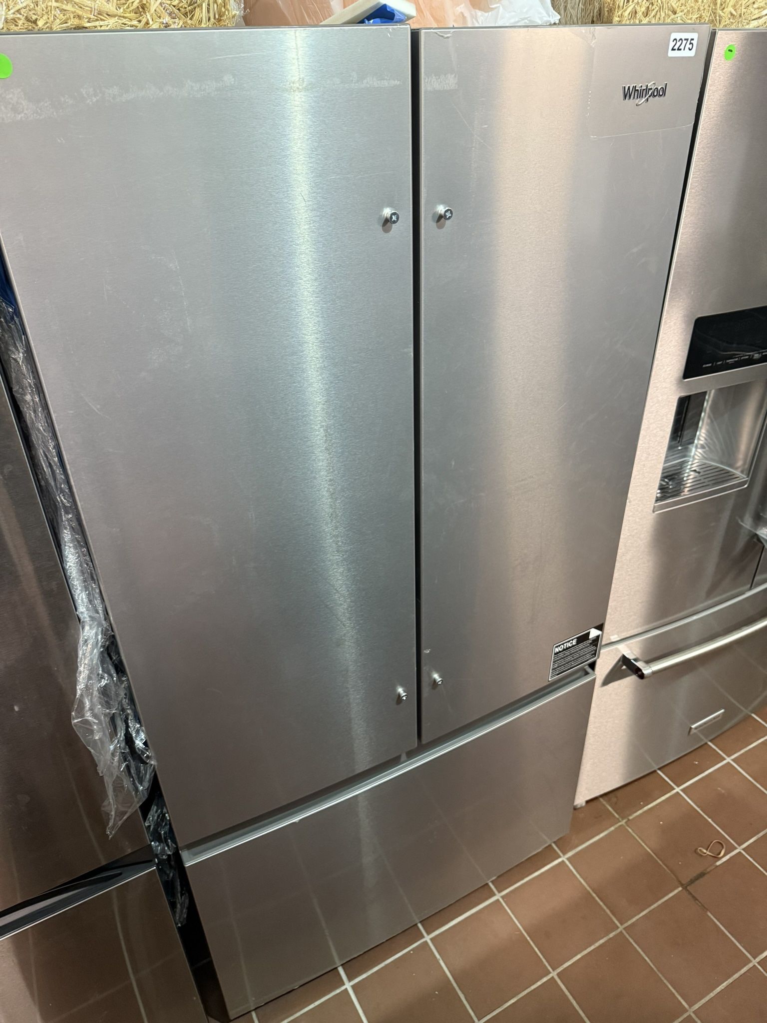  WHIRLPOOL 36” FRENCH DOOR REFRIGERATOR WITH ICE MAKER. $1,200 MODEL #WRFF3136SZ. ORIGINAL PRICE: $1,699 
