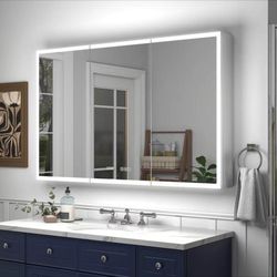 48x30 Recessed or Surface Lighted Cabinet with Mirror & Clock, Fogless Aluminum Cabinet with Dimmable Light & Outlet, Anti-fog, Built-in Sensing Light