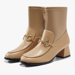 Womens Khaki Ankle Boots Size 7 Chunky Heel Metal Chain Side Zipper Square Toe 