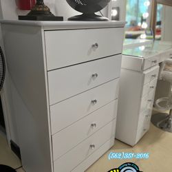 White Wood Assembled 5 Drawer Dresser w/ Rhinestone Diamond Knobs 