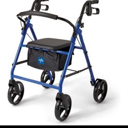Medline Rollator Walker Foldable Steel 8" Wheels Blue – 350 lbs Mobility Aid