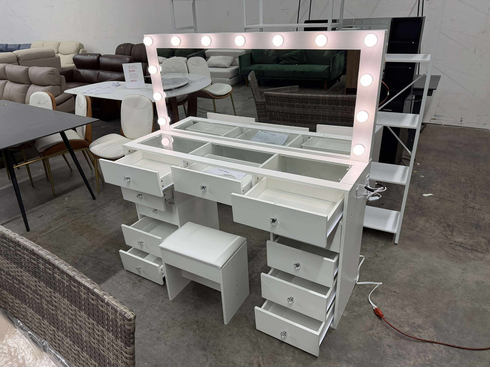 11 Drawers Makeup Vanity with Charging Station, Vanity Desk with 13 LED Bulbs,Glass Top,White