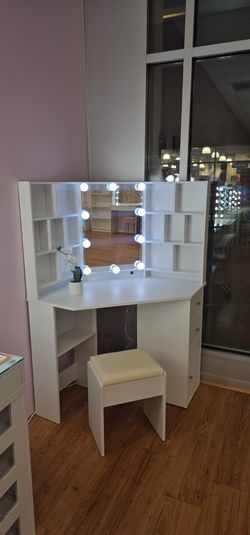 Conner Vanity Table With Mirror Light Bulbs And Stool 