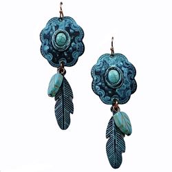 Retro Vintage Southwestern Concho Earrings , Antiqued Copper, Patina Effect, Turquoise Color, Howlite Stone, Feather, Leaf, Textured, Stamped, Boho Hi