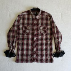 KUHL Men's Western Cowboy Snap-Down Long-Sleeved Dual Pocket Plaid Shirt (L) Red