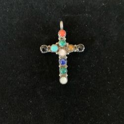 Vintage Sterling Silver Multi Stone Slide Cross Pendant 