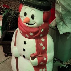 Vintage Empire Snowman Blow Mold Xmas 41” Tall Broom Pipe Red Scarf Earmuffs