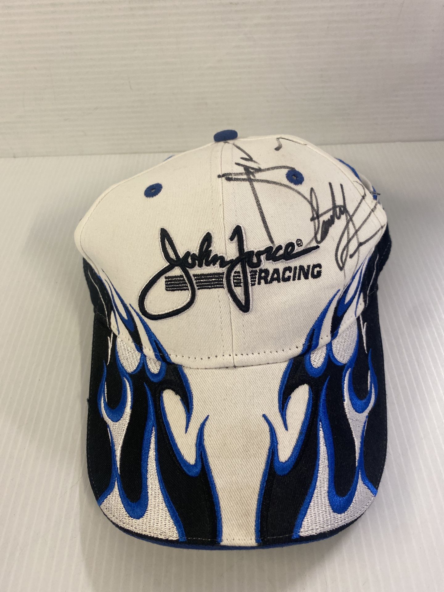 John Force Mello Yello NHRA Drag Racing Hat Cap Blue Flames Autographed RARE!!!