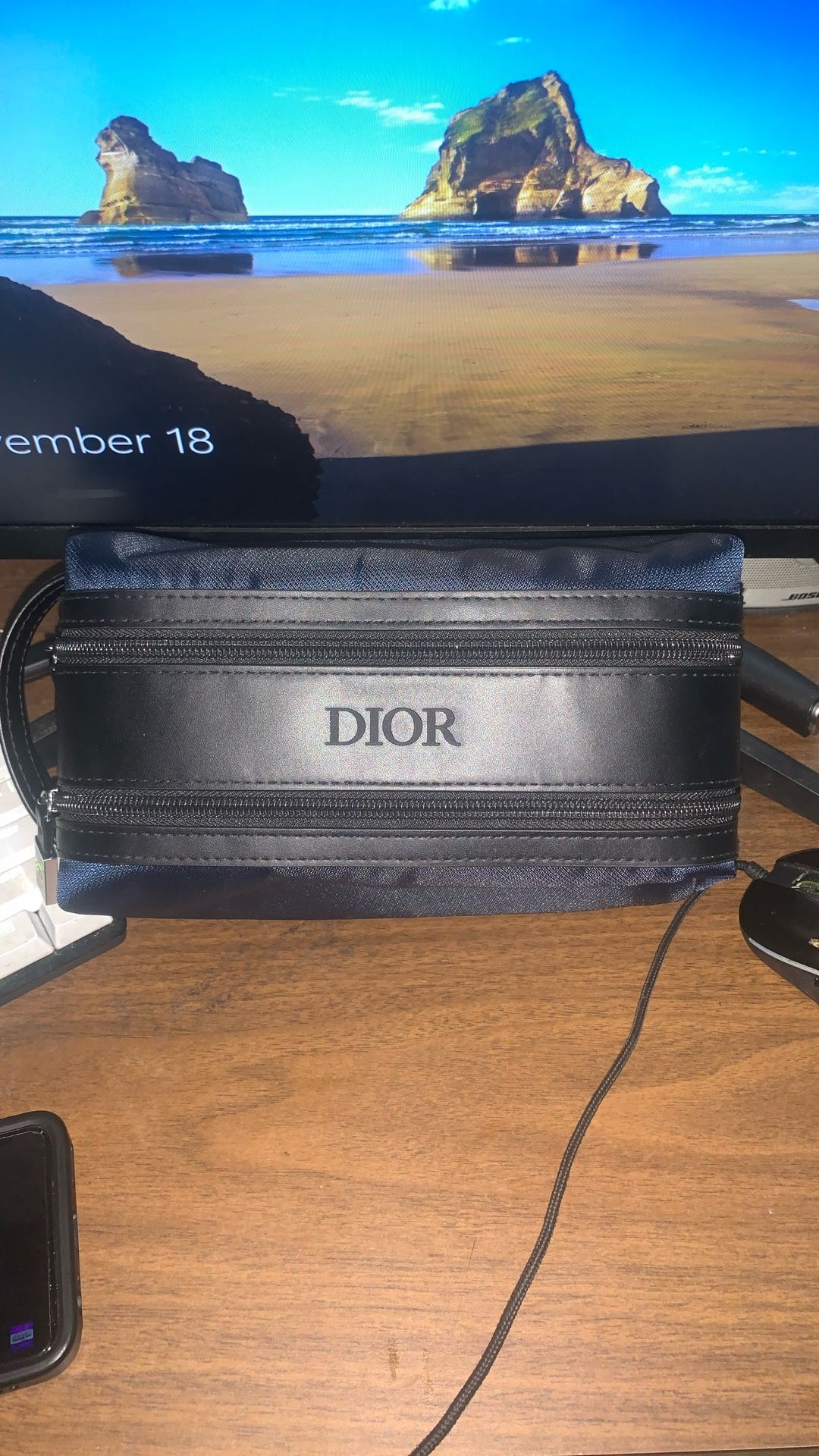 DIOR Men's Toiletry Bag TRAVEL CASE Double Zipper NAVY BLUE