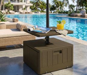 Outsunny Patio Umbrella Base with Table Tray, Heavy Duty Weighted Umbrella Stand， Wheels Handles, 176lbs，Stand Filling, Brown