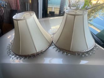 Pair of Cream Bell Lamp Shades with Beaded Fringe