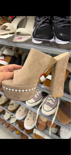 Beige Suede Platform Mule Heels with Pearl Trim size 8 1/2