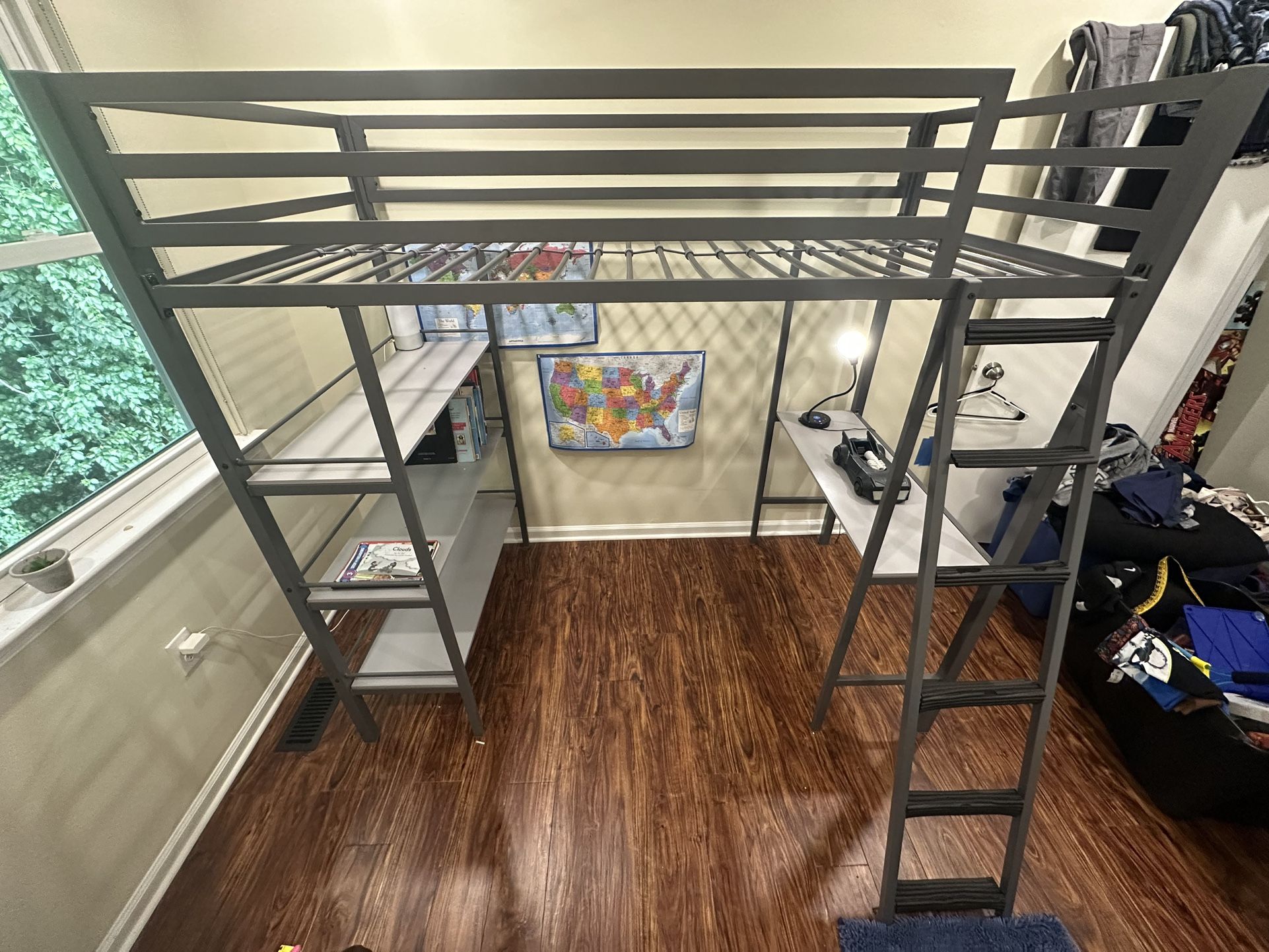 Metal Loft Bed w/ Shelves, Twin Bunk, Gunmetal Gray