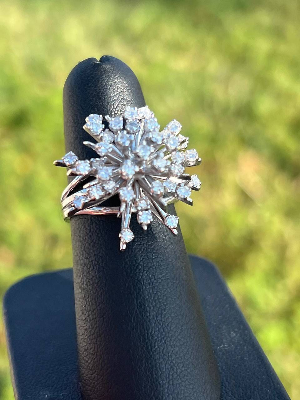 Snowflake Diamond Statement Ring in 14k Solid White Gold Sz 7