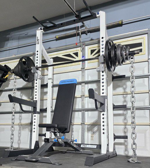 [FREE DELIVERY] + SQUAT RACK + ADJUSTABLE BENCH + OLYMPIC WEIGHT PLATES + OLYMPIC BARBELL + EZ CURL BAR 