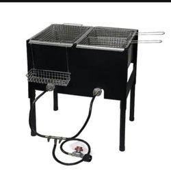 Portable LPG Propane Dual Burner Deep Fryer Outdoor Cooker Station with Triple Fry Baskets