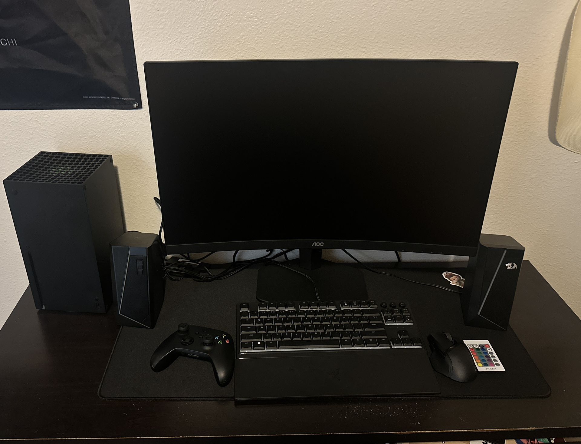 Xbox series X with 27” curved AOC gaming monitor and razor wired keyboard and wireless mouse