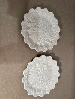 White Ceramic Cabbage Leaf Plates Set of 2