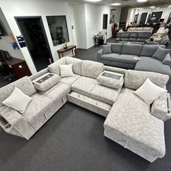 🔥Beige U-Shaped Sectional Sofa Couch W/ Pull-Out Sleeper Bed, USB & Type-C Charging Ports, Cup Holders & Storage Chaise | Pickup & Delivery 🚚