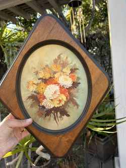 Mid Century wooden Hand Painted Artwork Art Wall Hanging Boho Granny Retro Artist Artwork Collectible