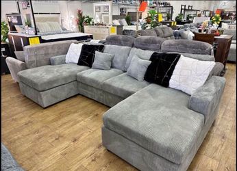 Gray Corduroy Sectional Sofa with double Chaise