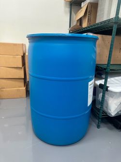5 blue 50-gallon plastic drums available.