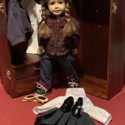 American Girl Doll w/ Wood Wardrobe Trunk