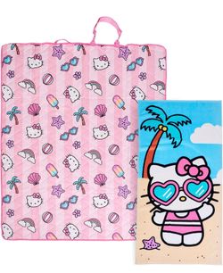 Northwest Sanrio Hello Kitty Summer Fun Picnic Blanket and Beach Towel Set, Foldable Quilted Outdoor Blanket with Carry Strap and Cotton Towel, Pink, 