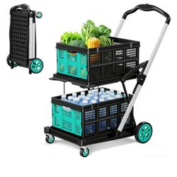 SILVEL 8-in-1 Collapsible Shopping Cart, 200LBS Foldable Multi Functional Grocery Cart with 2 Storage Cart, Adjustable Handle Portable Rolling Cart on
