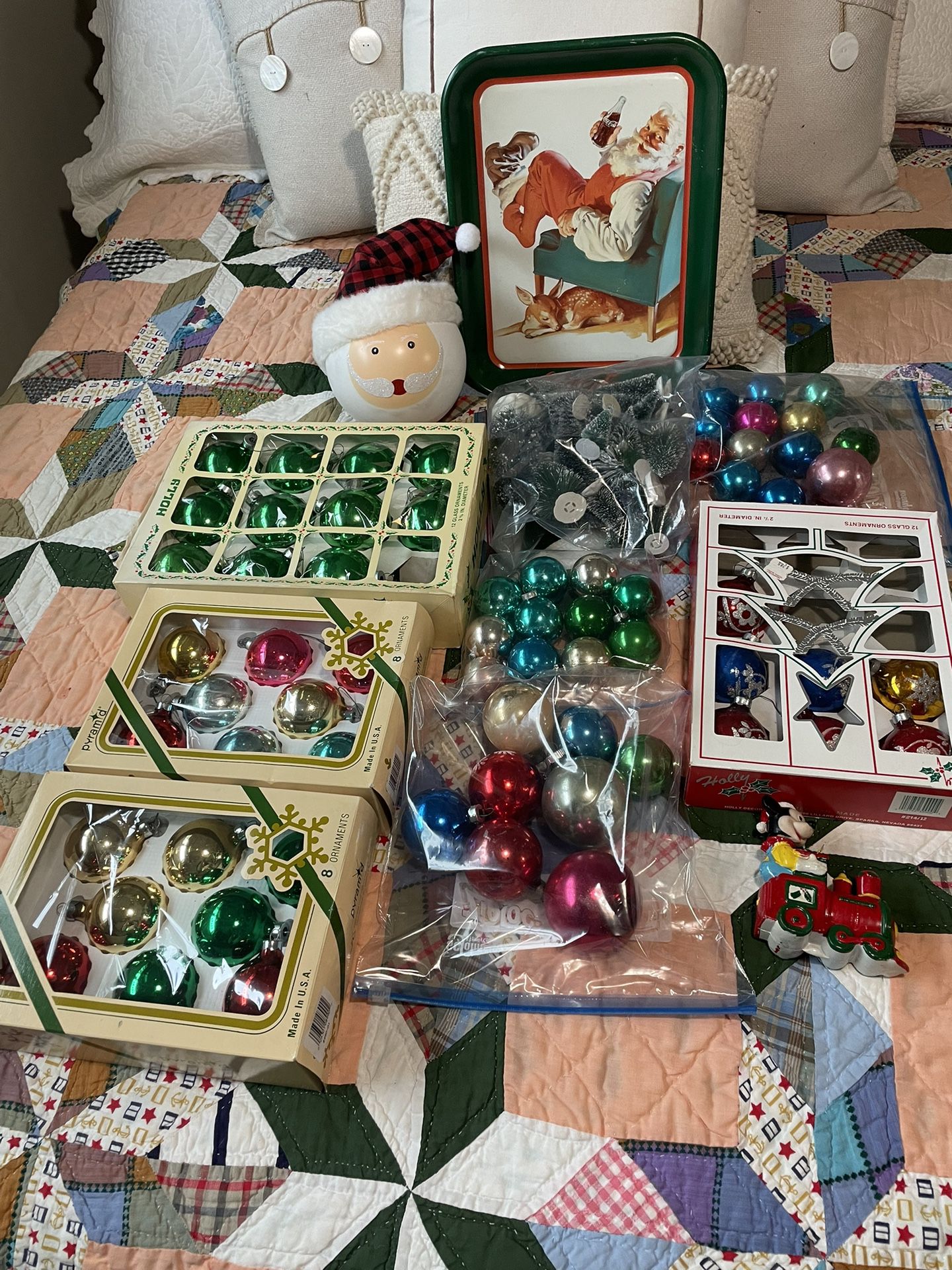 Lot Of Vantage Christmas, Ornaments, Coke tray, trees, and Mickey Mouse