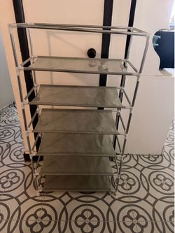 6-Tier Shoe Organizer Rack – Gray Fabric & Metal Storage Shelf