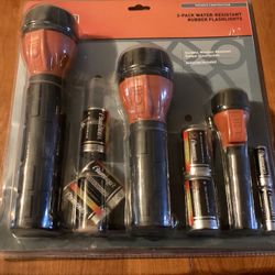 3  Pack Water Resistant Rubber Flashlight.   (NEW )