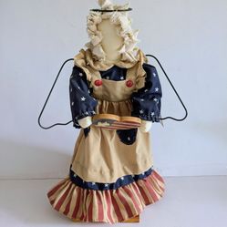 Doll Handmade Patriotic Angel Spirit Of America Beige Navy Red Wooden Stand Vintage