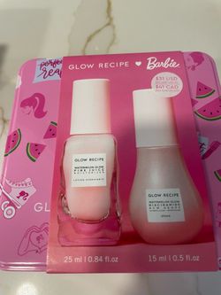 limited edition Glow Recipe x Barbie Watermelon Glow Hydration Kit featuring a pink juice moisturizer and niacinamide dew drops