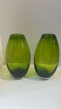 2 Green 10” Heavy Crate & Barrel Art Glass Vases