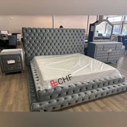 Gray queen size oversized headboard queen size bed frame  // Mattress sold separately 