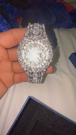 Iced Out Moissanite Stones Silver-Tone Watch with Blue Arabic Numerals