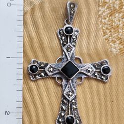 Onyx Marcasite Fillegree 925 Silver Cross