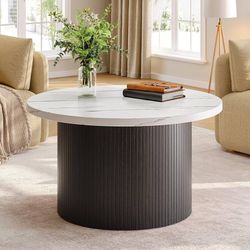 31.5" Round Coffee Table, Tambour Design Coffee Tables for Living Room, Mid Century Modern Wood Coffee Table, Drum Accent Small Center Table, Marble T