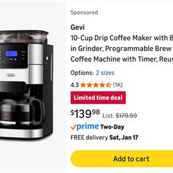 Coffee Machine 10 Cup With Grinder Brand New 