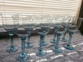 9 Large Crystal Blue Wine Glasses