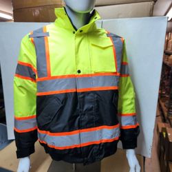 Class 3 Yellow With Black Bottom Bomber Rain Jacket With Hoodie and Sherpa Insulation 